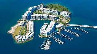 Ephraim Island from the air showing high rise and marina