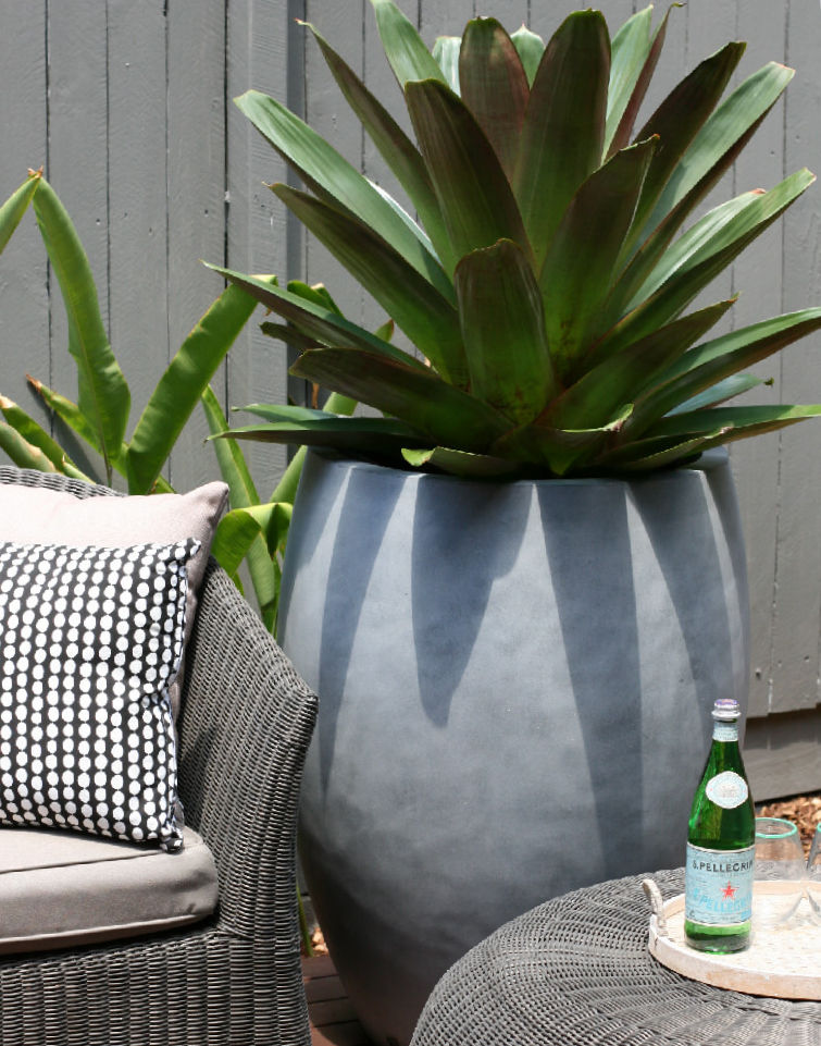 Showing a Newmarket 58 in concrete with a Bromeliad on balcony.